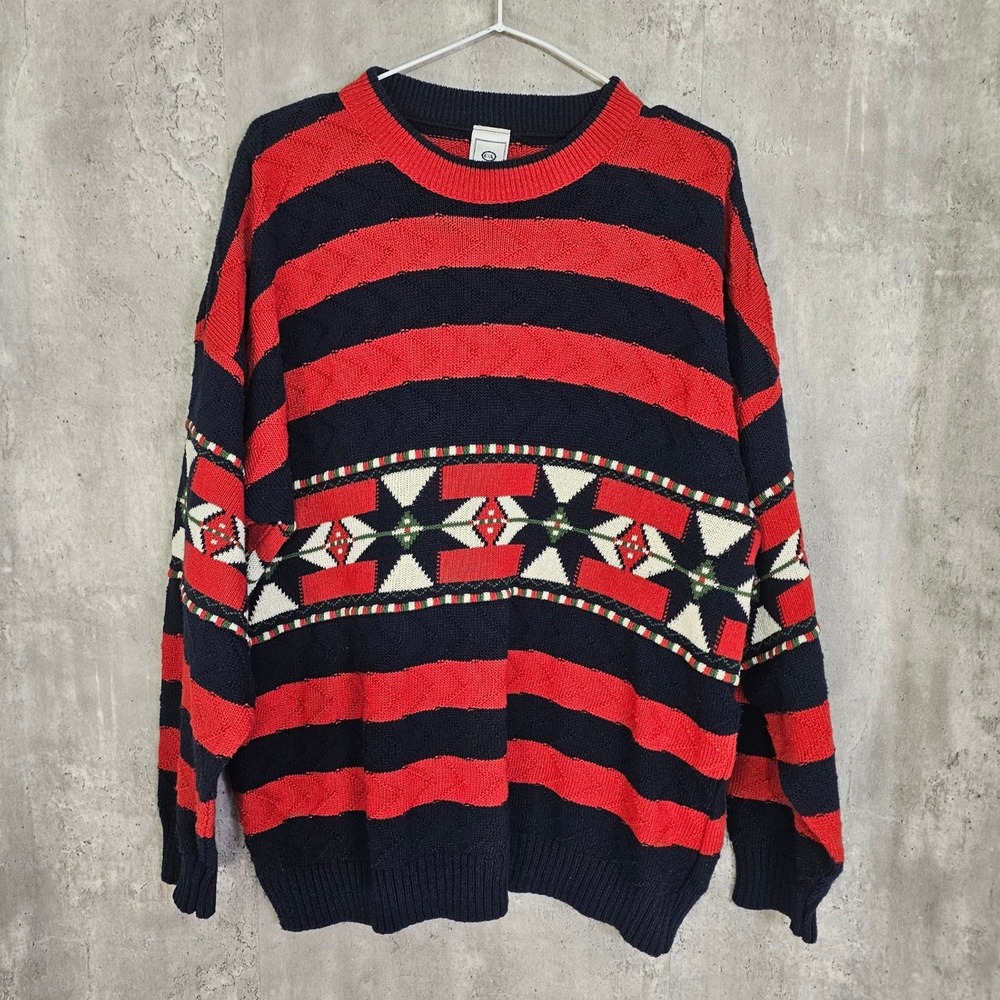 C&A Vintage Striped Geometric Knit Crewneck Sweater Navy Red Mens Large